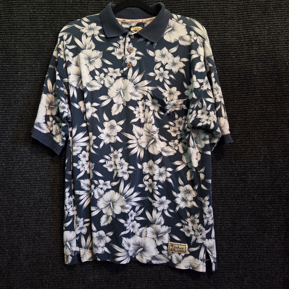 Tommy Bahama Polo Shirt Mens Medium Blue Hibiscus Floral 100% Cotton Hawaiian M